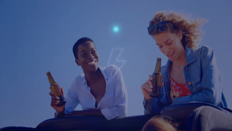 in animation, two people holding drinks with glowing energy symbol overlay