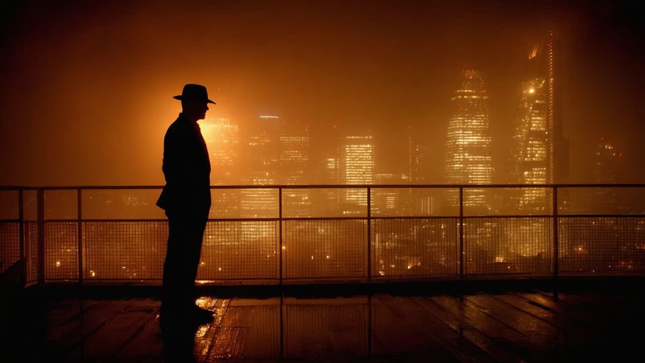 Una figura misteriosa en silueta contra un paisaje urbano brillante de noche: una escena atmosférica de intriga y belleza urbana