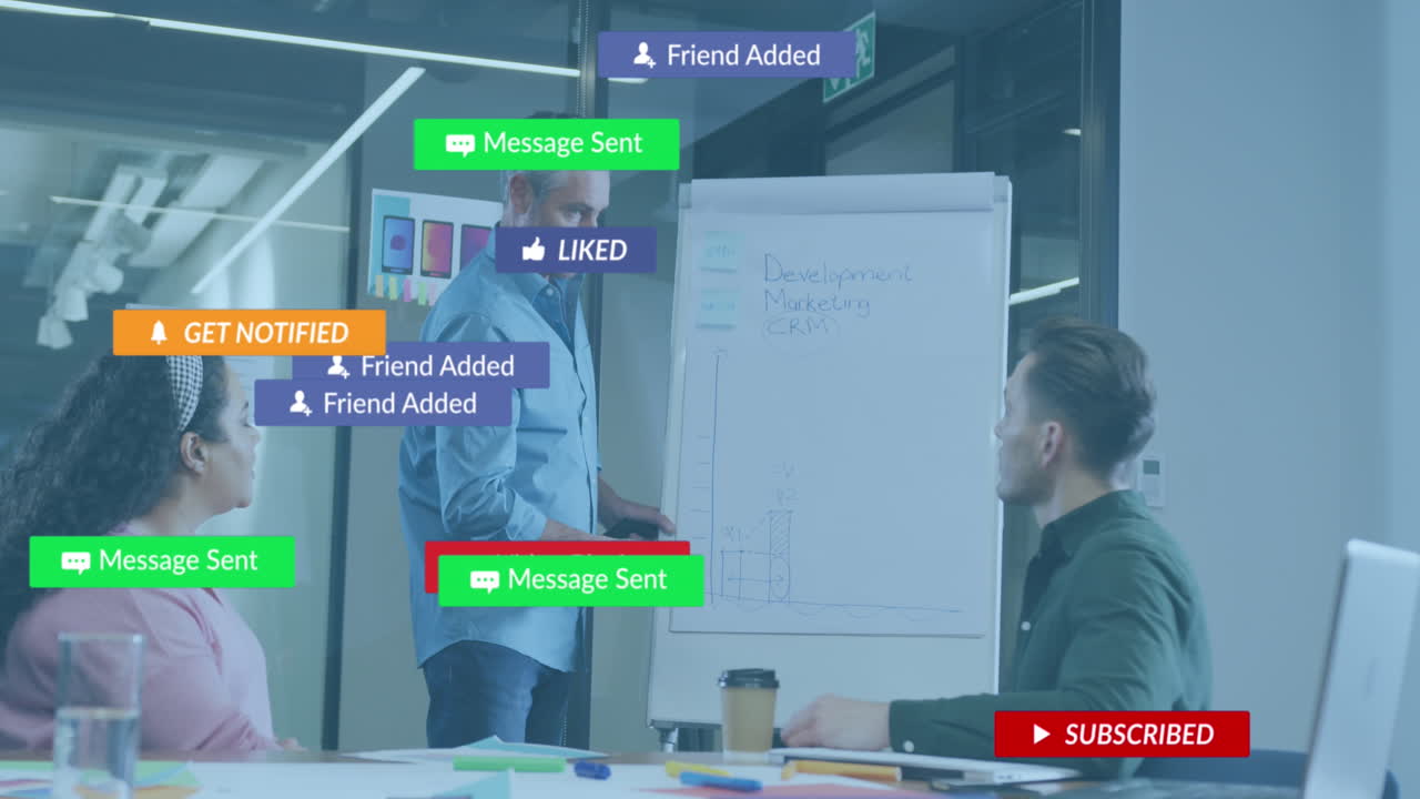 Animation of social media icons and data processing over diverse business people in office