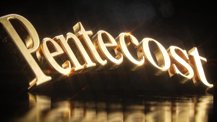 Lighting shifting, glints traveling across 3D gold Pentecost on polished floor, revealing title