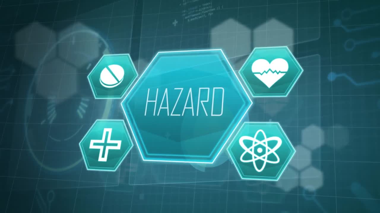 파란색 배경에서 위험 텍스트와 과학 데이터 처리의 애니메이션