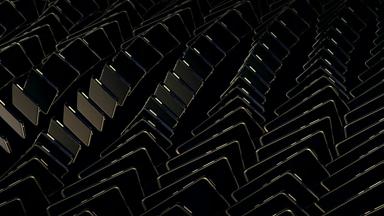 금색 버튼을 가진 스마트폰은 행으로 움직이고 회전합니다. 무한 루프. 휴대 전화의 추상적인 매력적인 움직임, 텍스트 션의 배경 이미지. 값비싼 럭셔리 배경. 금과 검은 패턴.