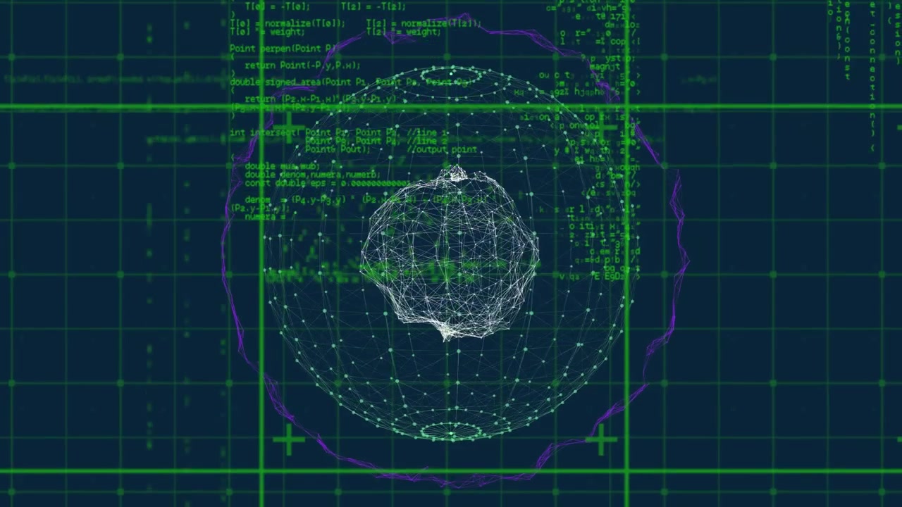 Animation of data processing and globe of network of connections against blue background