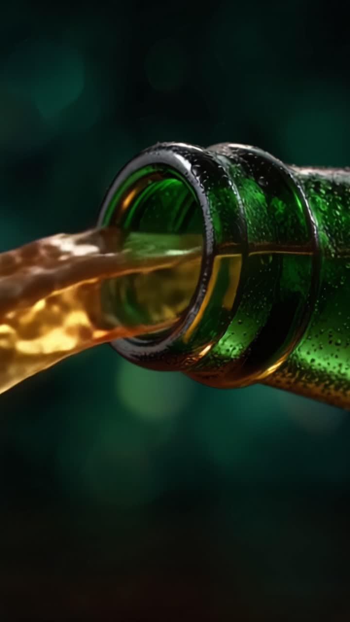 Eine Nahaufnahme-Sequenz, die den Gießvorgang einer goldenen Flüssigkeit aus einer grünen Flasche einfängt und den dynamischen Fluss sowie das Sprudeln des Getränks in lebendigen Details hervorhebt.