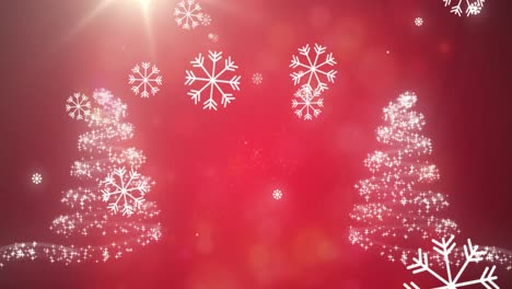 Animation-of-snow-falling-over-christmas-trees-and-decorations