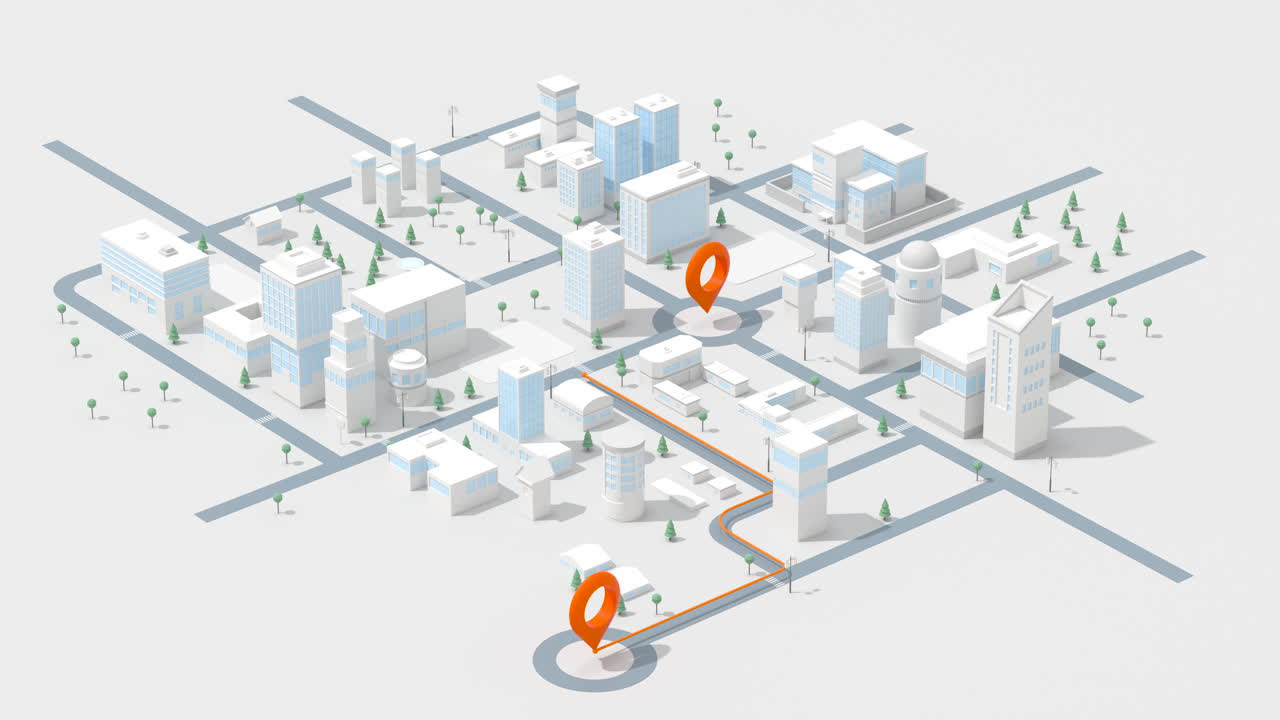 mini-ciudad con señal de ubicación, fondo de transporte, renderización en 3d.
