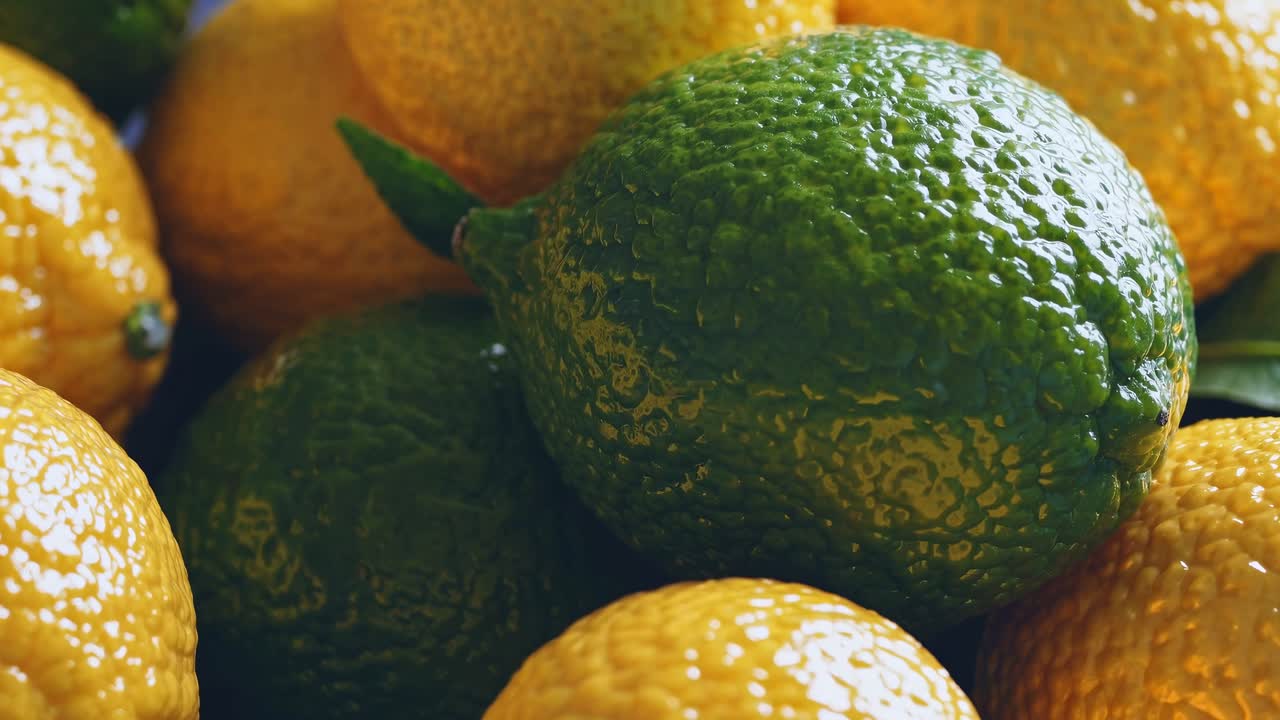 Vídeo em close-up de limões e limas vibrantes, filmado de cima para baixo, destacando a textura