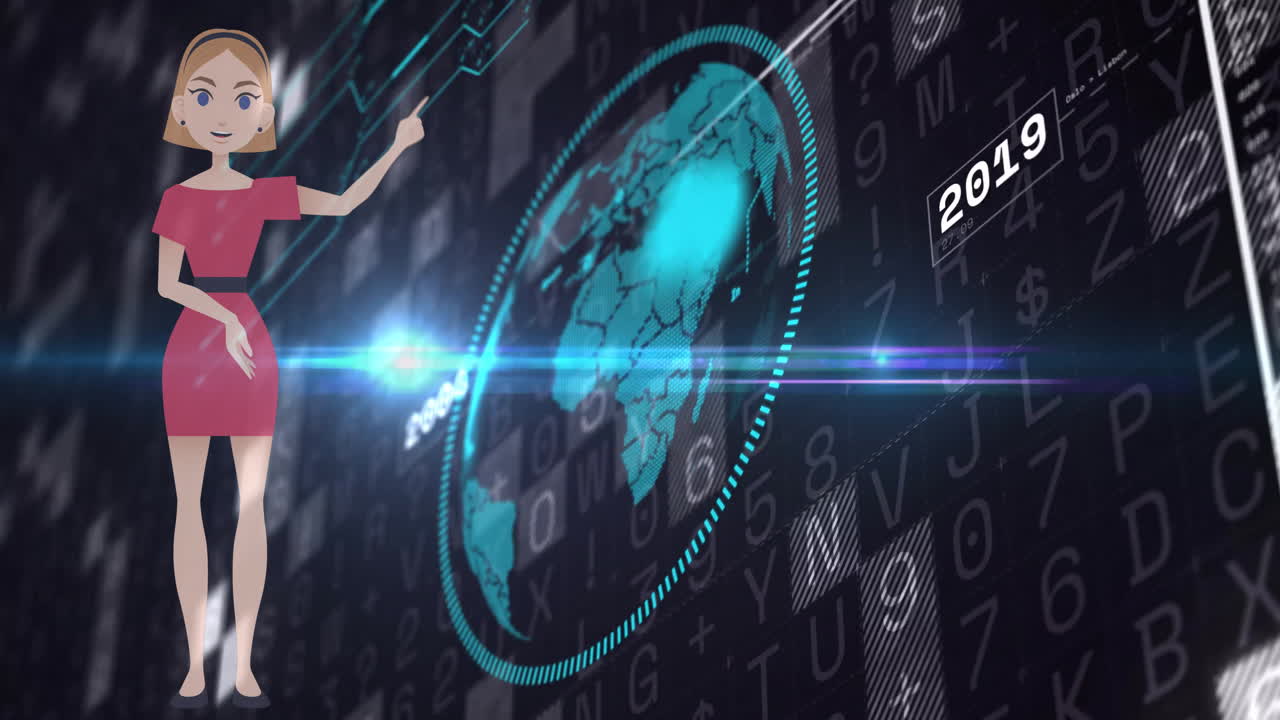 Animation of character pointing at digital globe with numbers and 2019 text