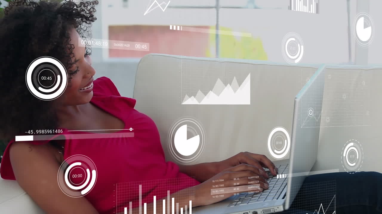 Animation of data processing over biracial woman using laptop