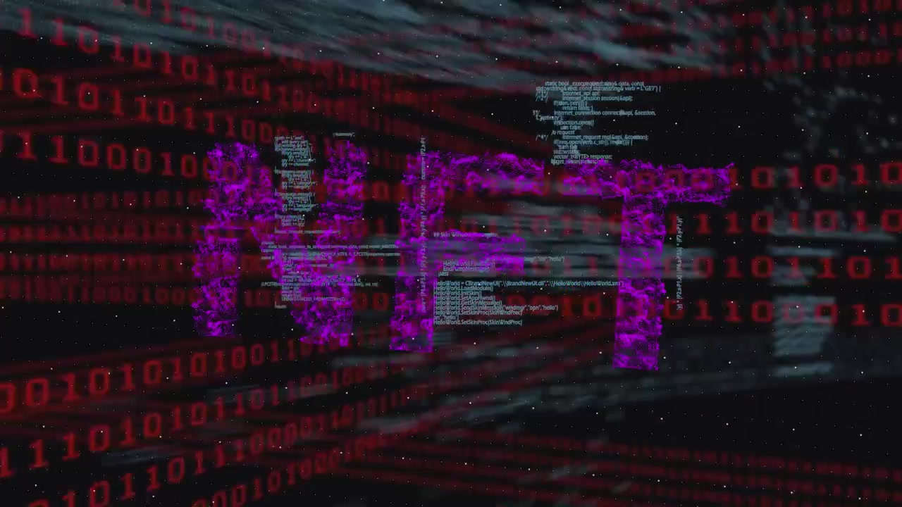 Animation af binær kode, DNA og databehandling på sort baggrund.