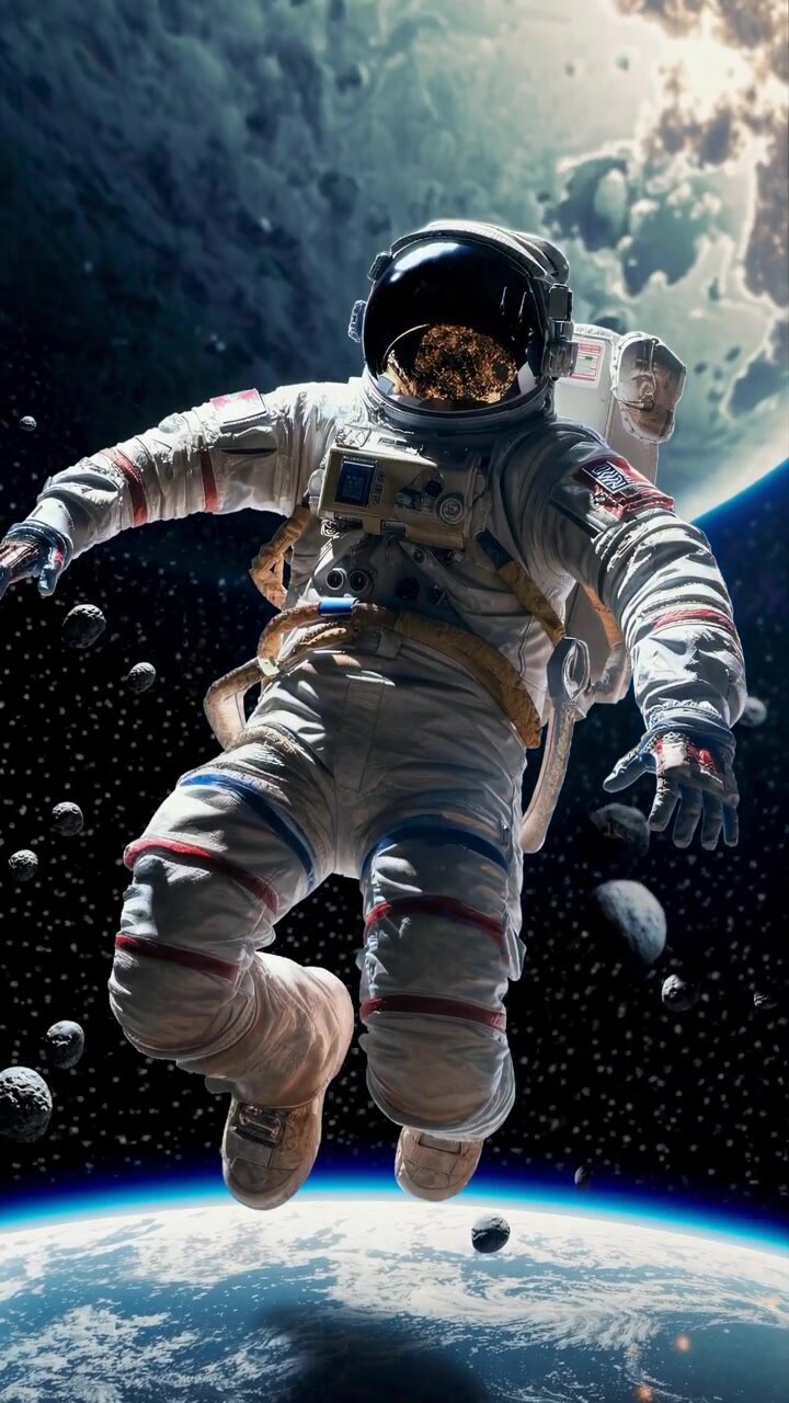 Astronaut in Spacesuit Floating in Orbit Above Earth