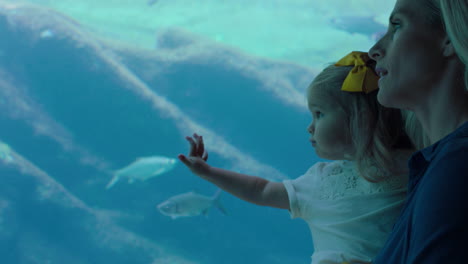 happy girl with mother at aquarium looking at beautiful fish swimming in tank child observing marine animals with curiosity having fun learning about marine life with mom in oceanarium