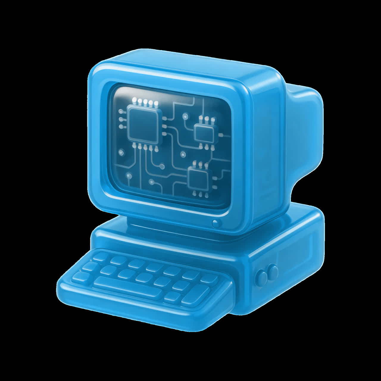 Retro computer with circuit animation isolated asset, transparent 4K video, alpha channel, ProRes
