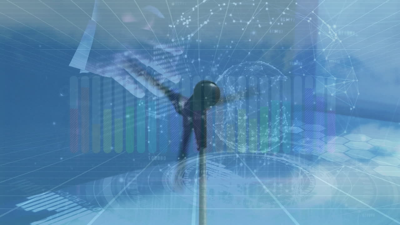 animación de datos financieros y empresario usando pantalla táctil sobre la turbina eólica
