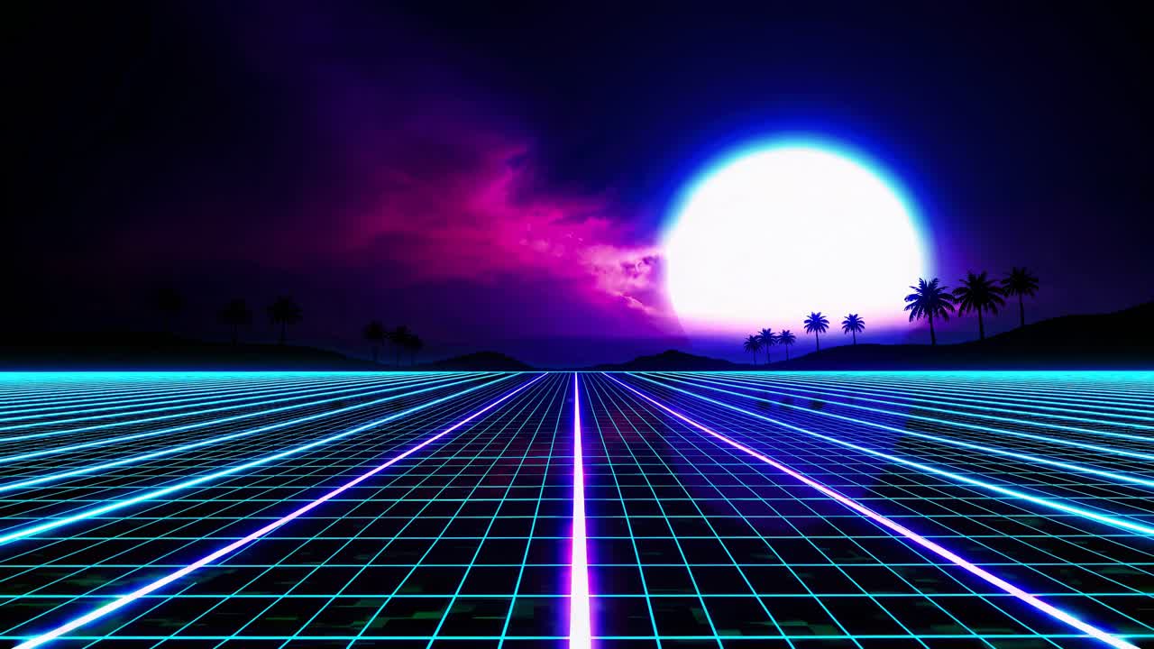 Retro Futuristic Desert Landscape with Neon Grid