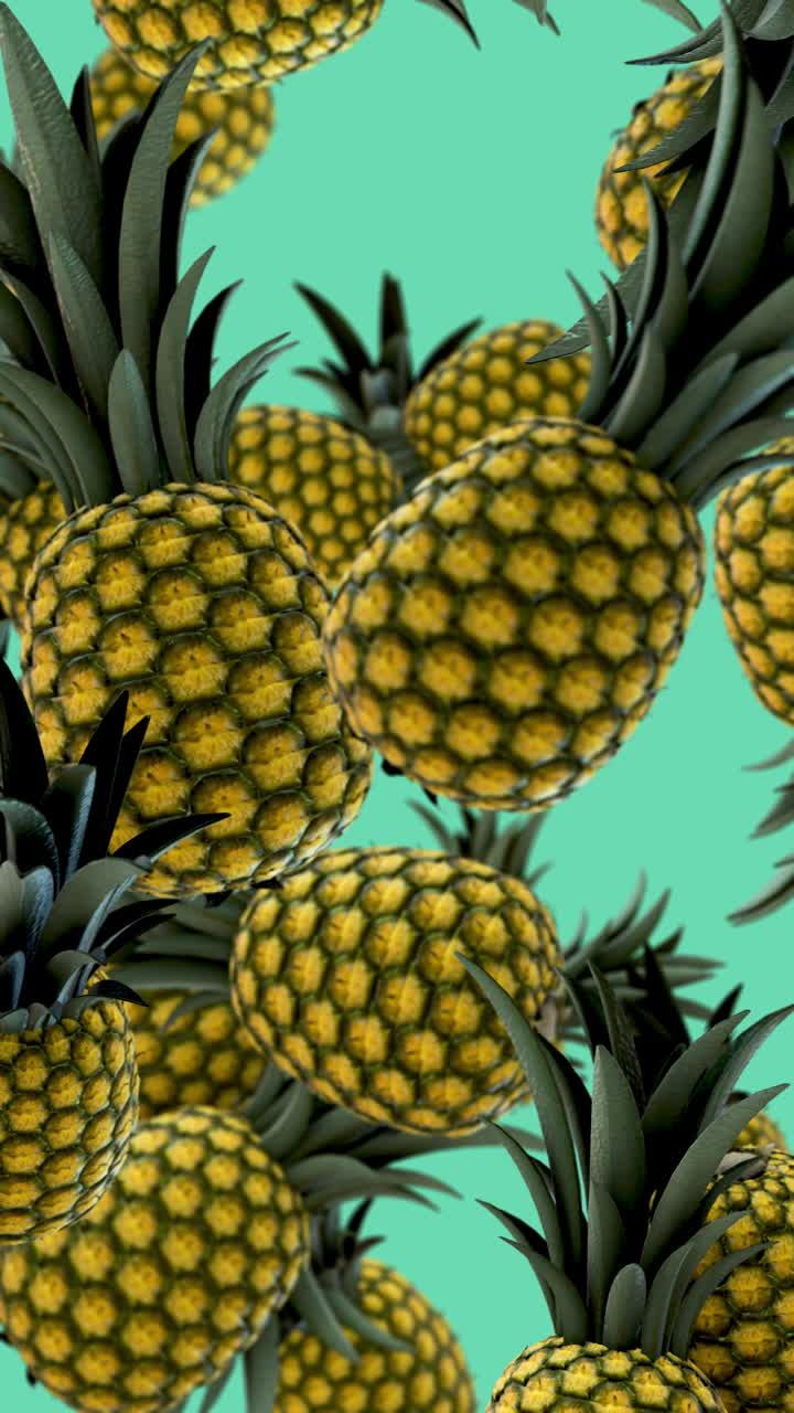 Tropical Pineapples Floating and Rotating on a Teal Background