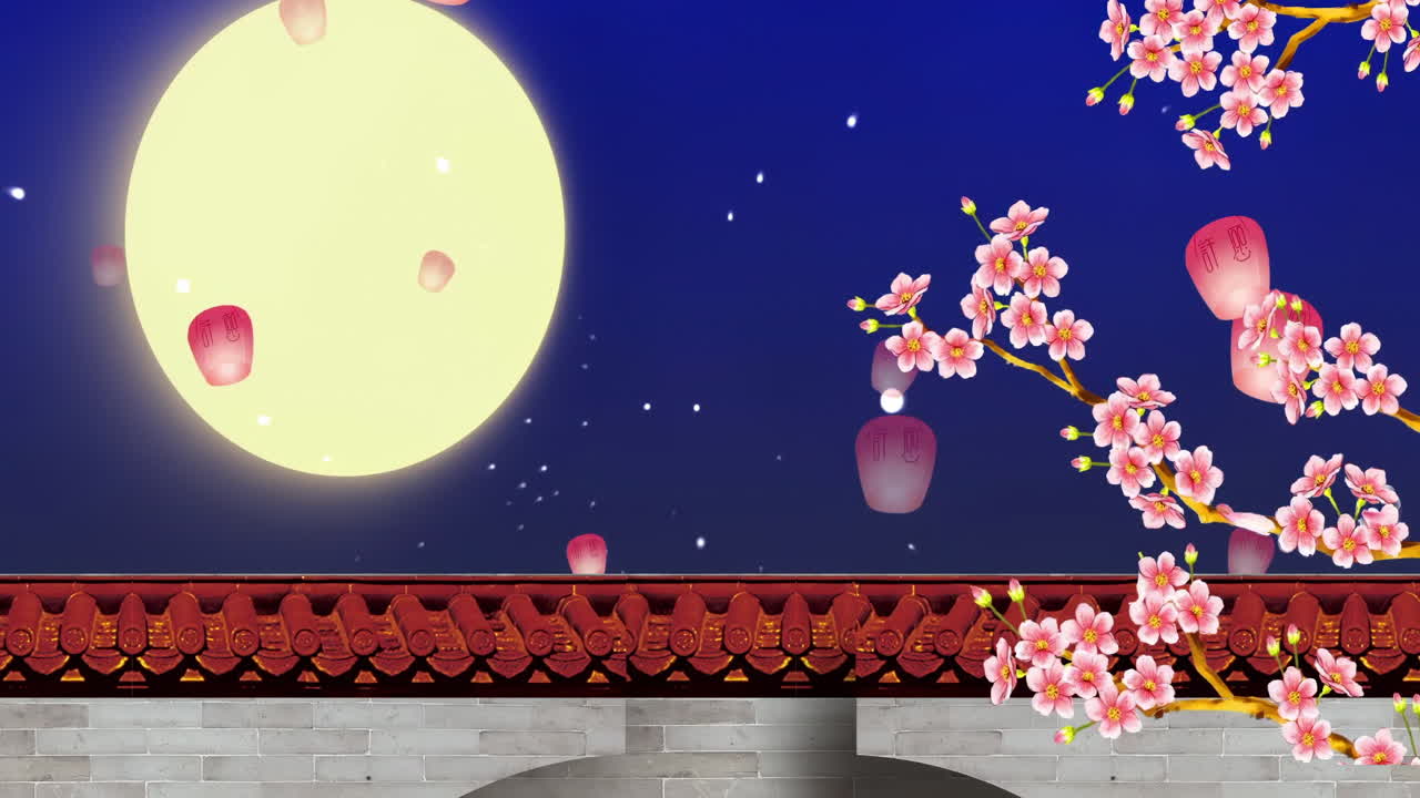 Mysterious landscape China's traditional Oriental Digital Art animation, Chinese retro painting ink misty Mid Autumn Moon Lantern Plum Blossom Traditional Holiday Festival with flowers, tree, fog
