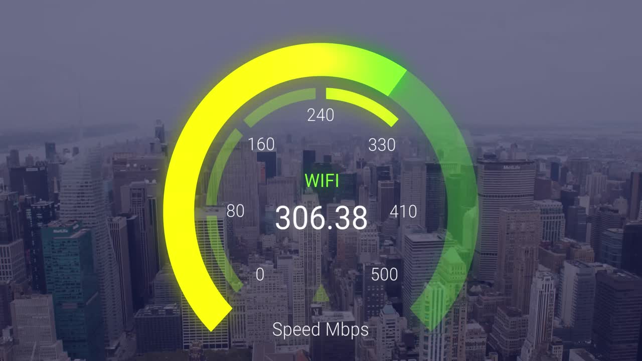 animación del velocímetro verde sobre el paisaje urbano