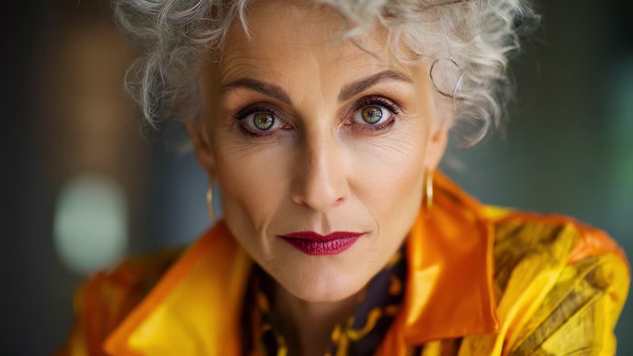 Un ritratto accattivante di una donna elegante con capelli ricci, abbigliamento vivace e trucco sorprendente, che cattura l'emozione e la profondità in due espressioni distinte