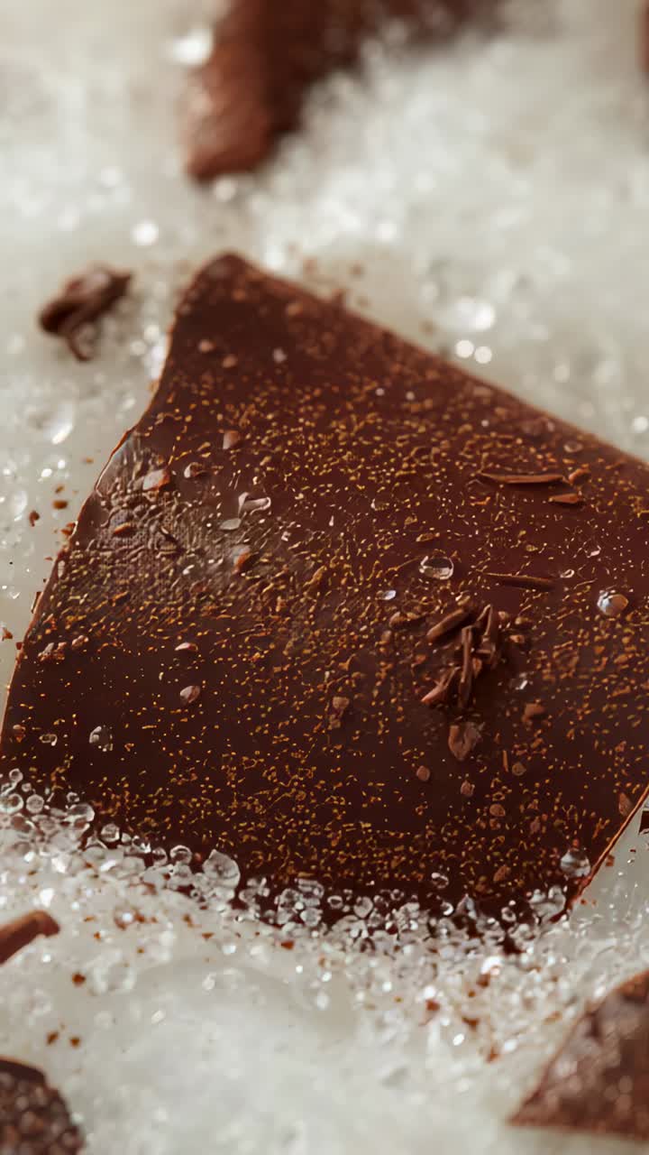 Vertical video: Tilting camera showing dark chocolate square on crystals with droplets, for texture