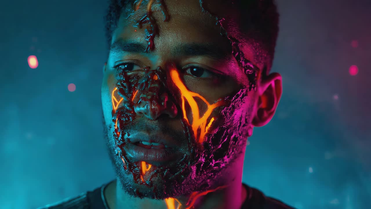 Futuristic Portrait of a Man with Luminous Facial Cracks and Energy