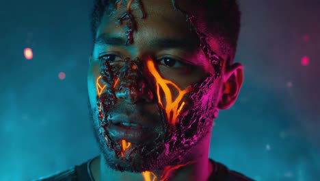 futuristic portrait of a man with luminous facial cracks and energy
