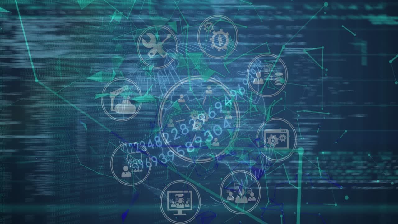 Animation of data processing and network of connections over blue background