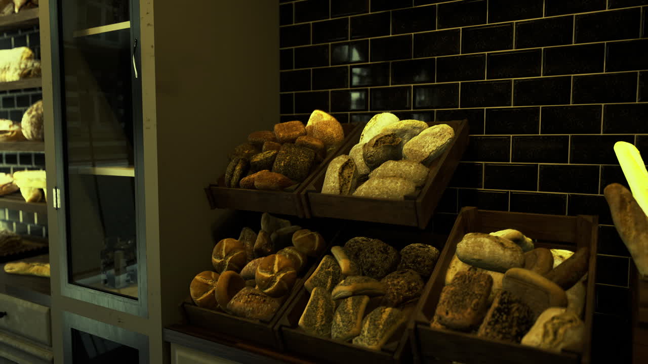 Freshly baked bread displayed in a rustic bakery setting