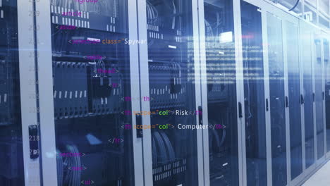 html code animation over server racks in data center