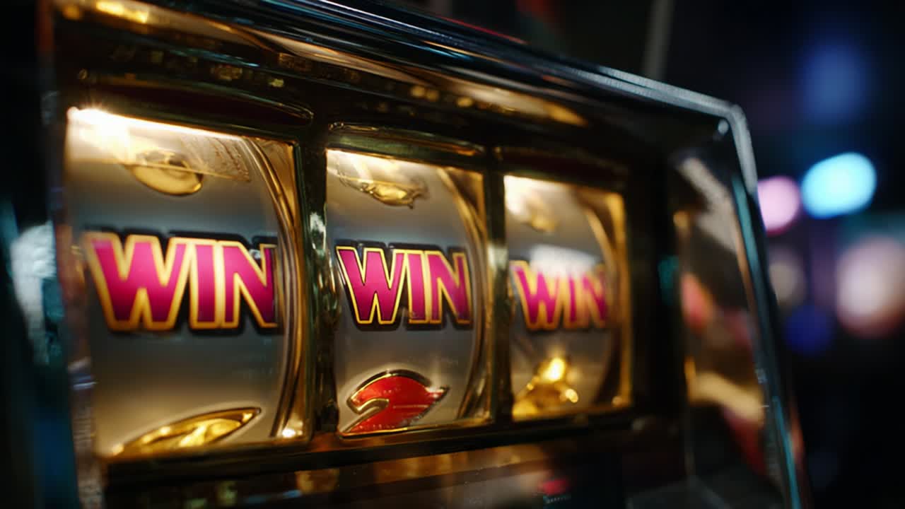 An Exciting Close-Up View of a Slot Machine Displaying 'WIN' Across All Three Reels, Highlighting the Thrill of Gambling and the Anticipation of Big Wins in a Vibrant Casino Atmosphere