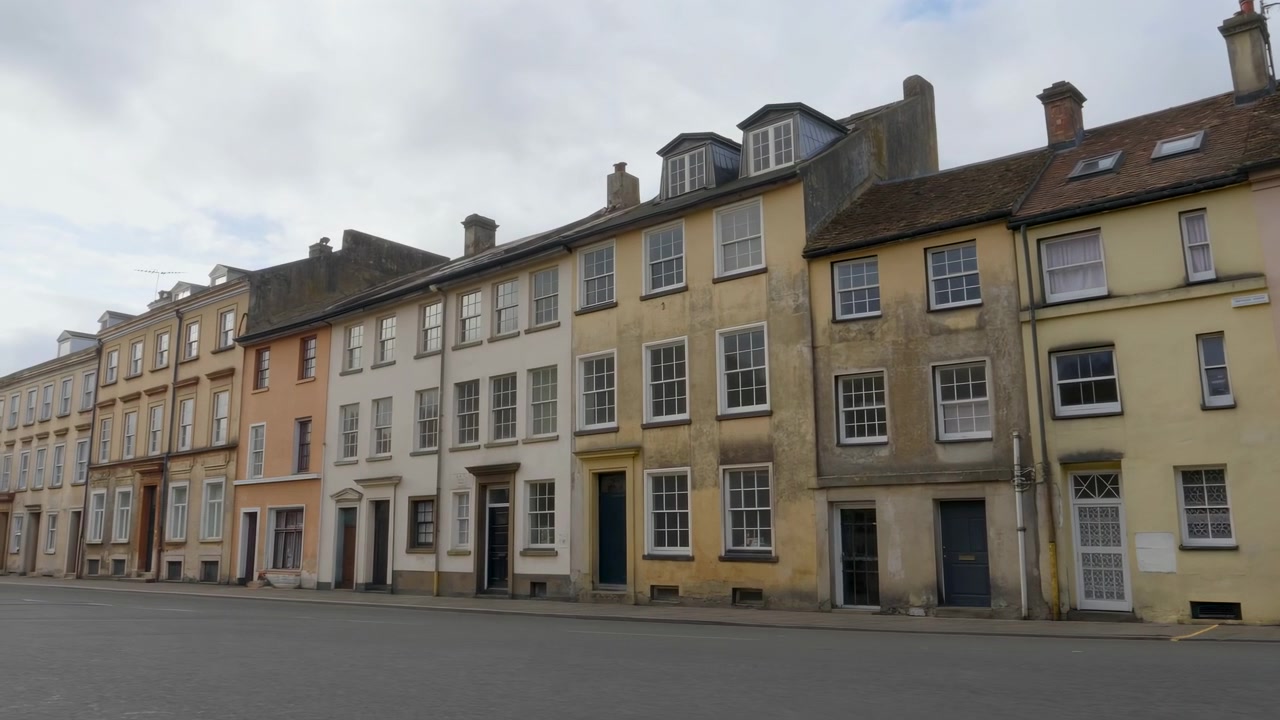 Gadeplanudsigt ned ad en brolagt vej omkranset af farverige historiske rækkehuse med murstens- og stukfacader, vinduesrammer, verandaer og balkoner under blødt overskyet dagslys. Rolig atmosfære i en lille bys beboelseskvarter uden synlige mennesker.