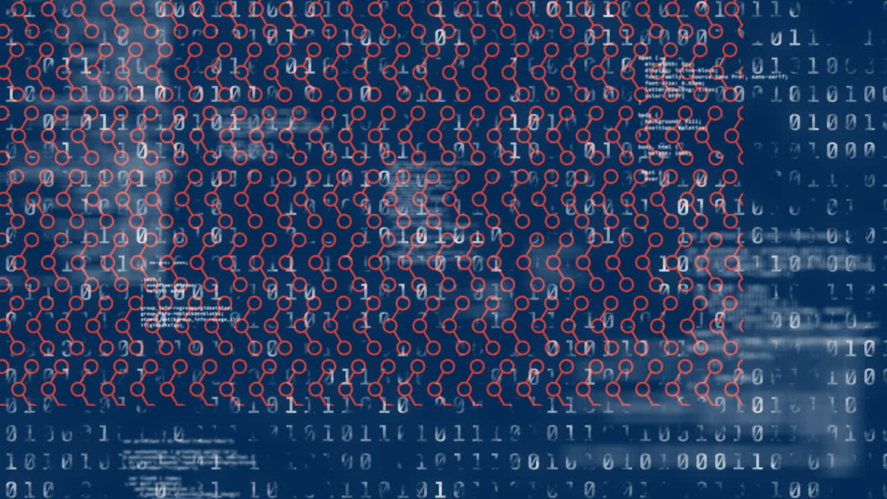 Animation of connected circles and falling binary codes against black background
