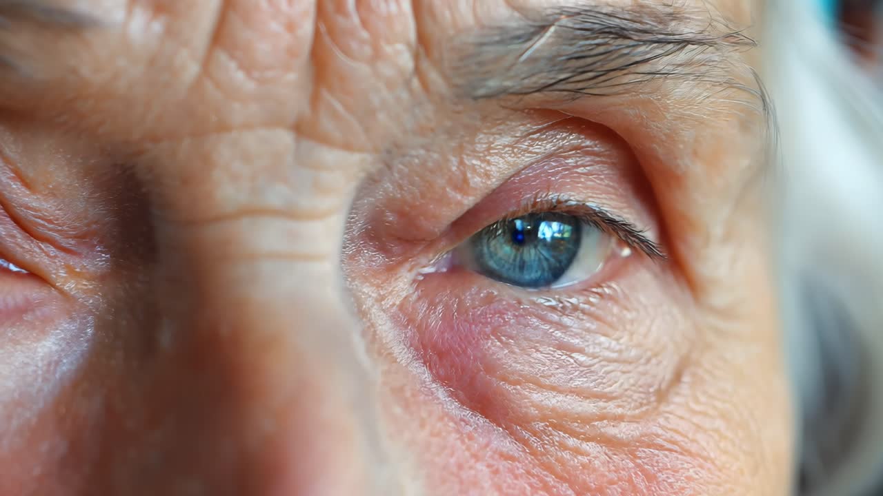 Weathered senior woman with piercing blue eyes revealing deep wrinkles, expressing nuanced emotions while engaging directly with camera lens during intimate portrait session