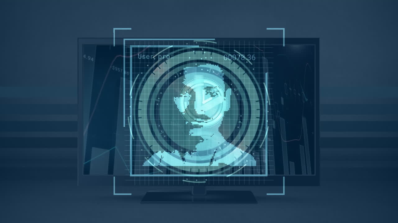 animación del procesamiento de datos con diversas personas iconos sobre el reloj y gráfico en la pantalla de la televisión