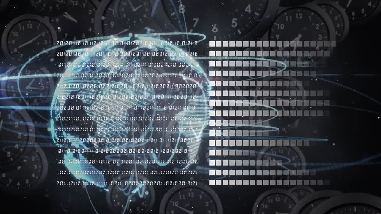 Animation ofdata processing and globe over moving clocks