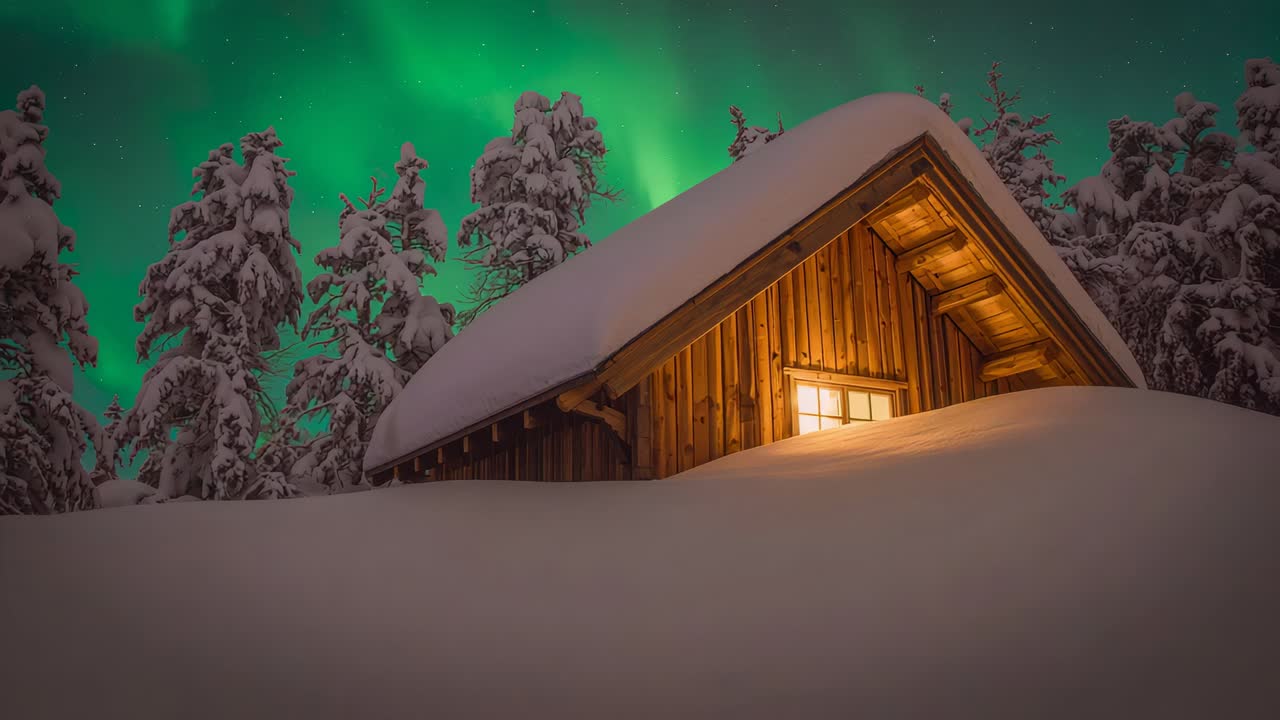 Shifting aurora glowing above snow pines, causing camera zooming to log cabin, showing warm window