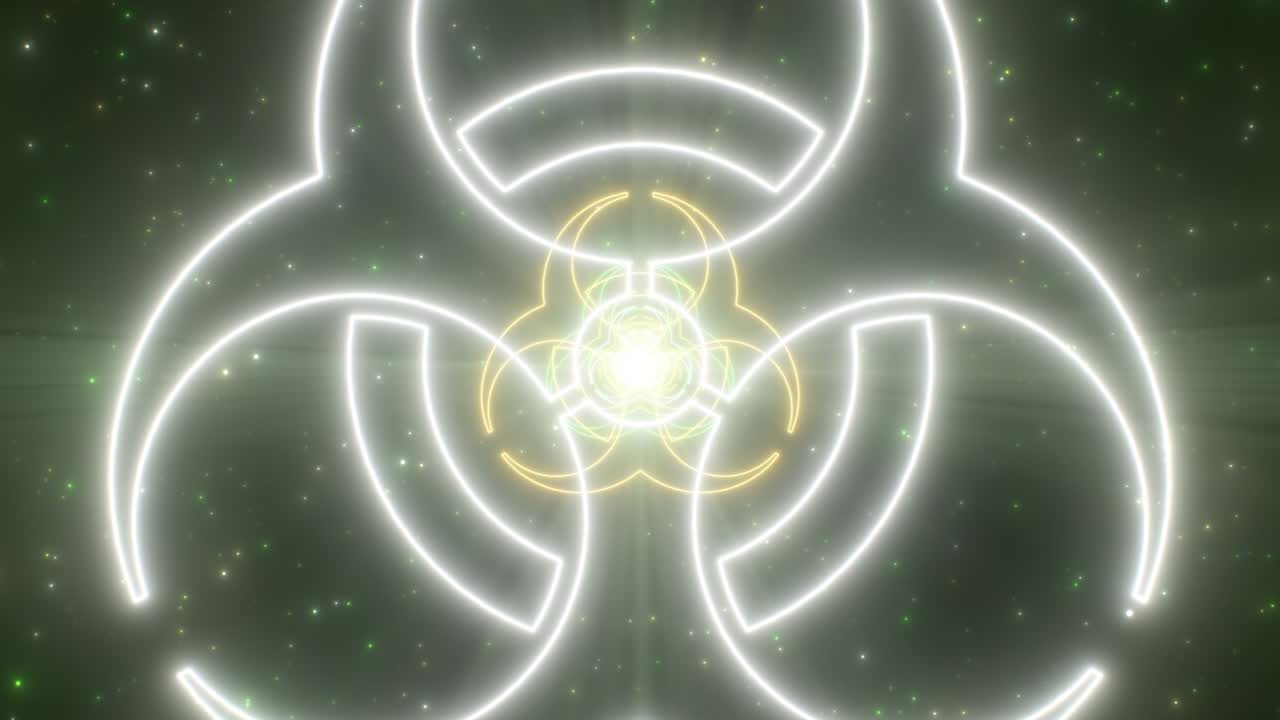 위험한 생물학적 위험 기호 모양 윤 반이는 네온 불빛 터널 - 4k 원활한 vj 루프 모션 배경 애니메이션