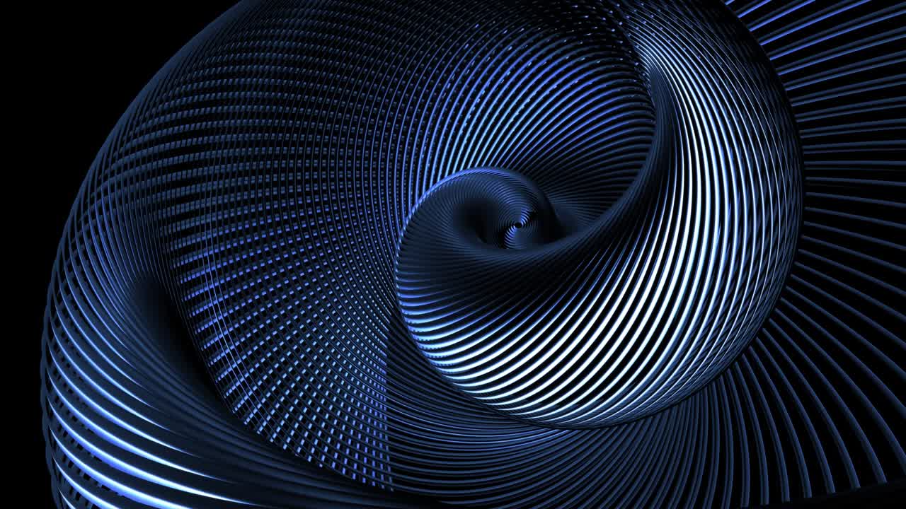 4k fondo oscuro con bucles abstractos con líneas curvas como tubos retorcidos en hélice y luz de neón azul que corre en tubos. composición redonda. bucle vj con luz de neon brillante. espiral abstracta.