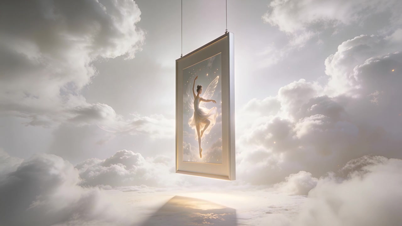 Swinging framed panel holding ballet dancer en pointe at cloudscape, cords pulling, tutu glowing