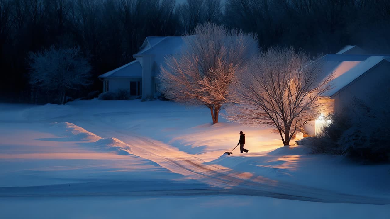 A Winter Evening Scene: A Person Shoveling Snow Outside Their Home Amidst Serenity of Freshly Fallen Snow Under Soft Glow of Outdoor Lights and Frosted Trees in Peaceful Landscape