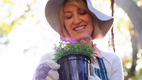 mature woman checking plant