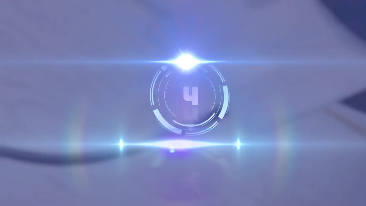 Animation of rotating scope scanning with countdown over light trail on blurred background