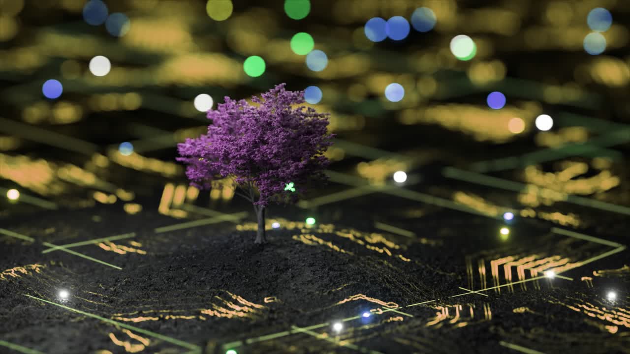 árbol púrpura en un paisaje digital