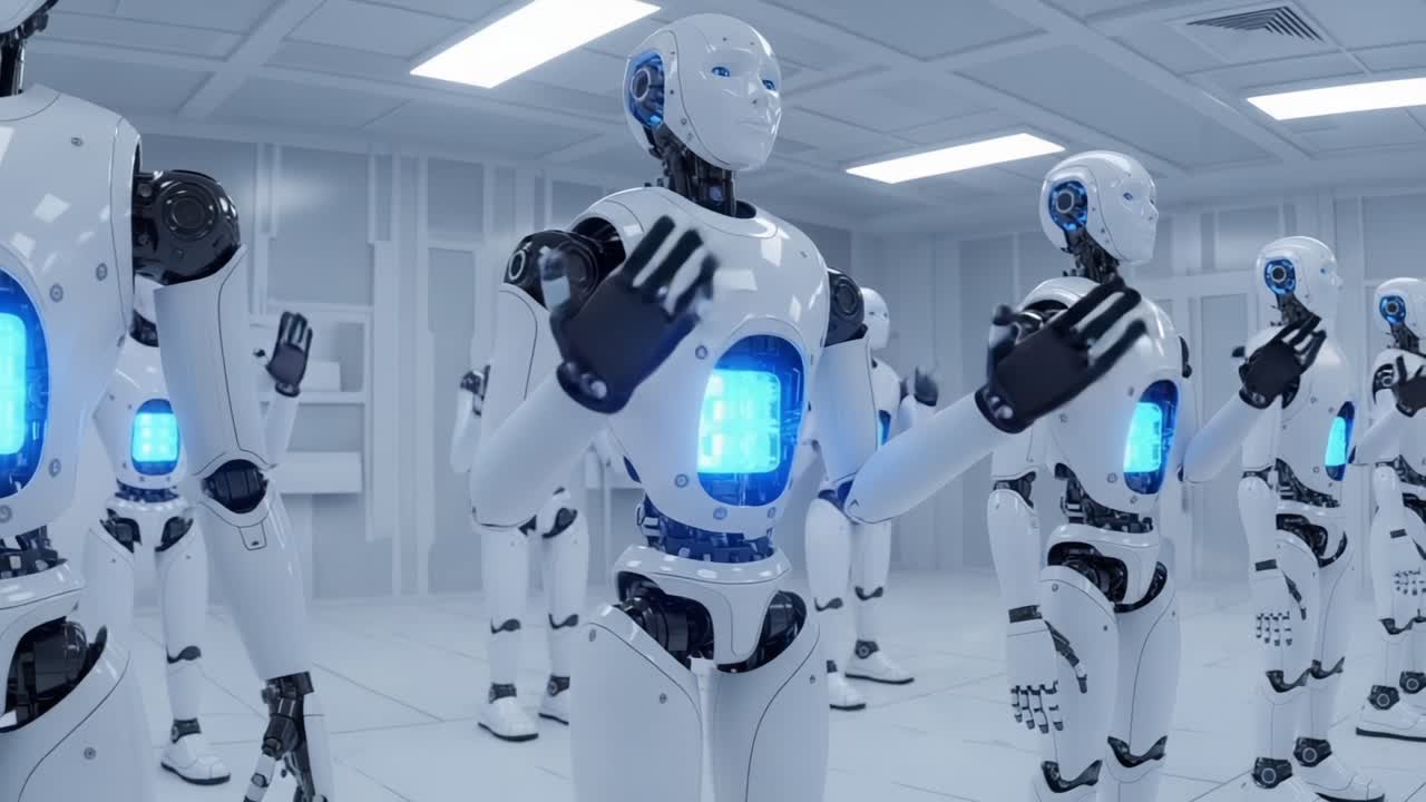 A Futuristic Lineup of Humanoid Robots in a Sleek Laboratory Environment with Illuminated Displays, Showcasing Advanced Technology and Mechanical Design