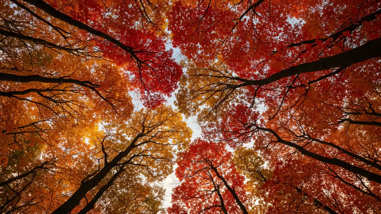A Stunning Canopy of Autumn Colors: A View Between Vibrantly Colored Trees with Leaves in Shades of Red, Orange, and Yellow Against a Clear Sky