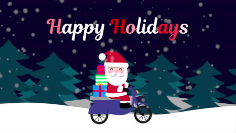 Animated-closeup-Happy-Holidays-text-and-Santa-Claus-on-motorcycle-in-snow-forest-holiday-background