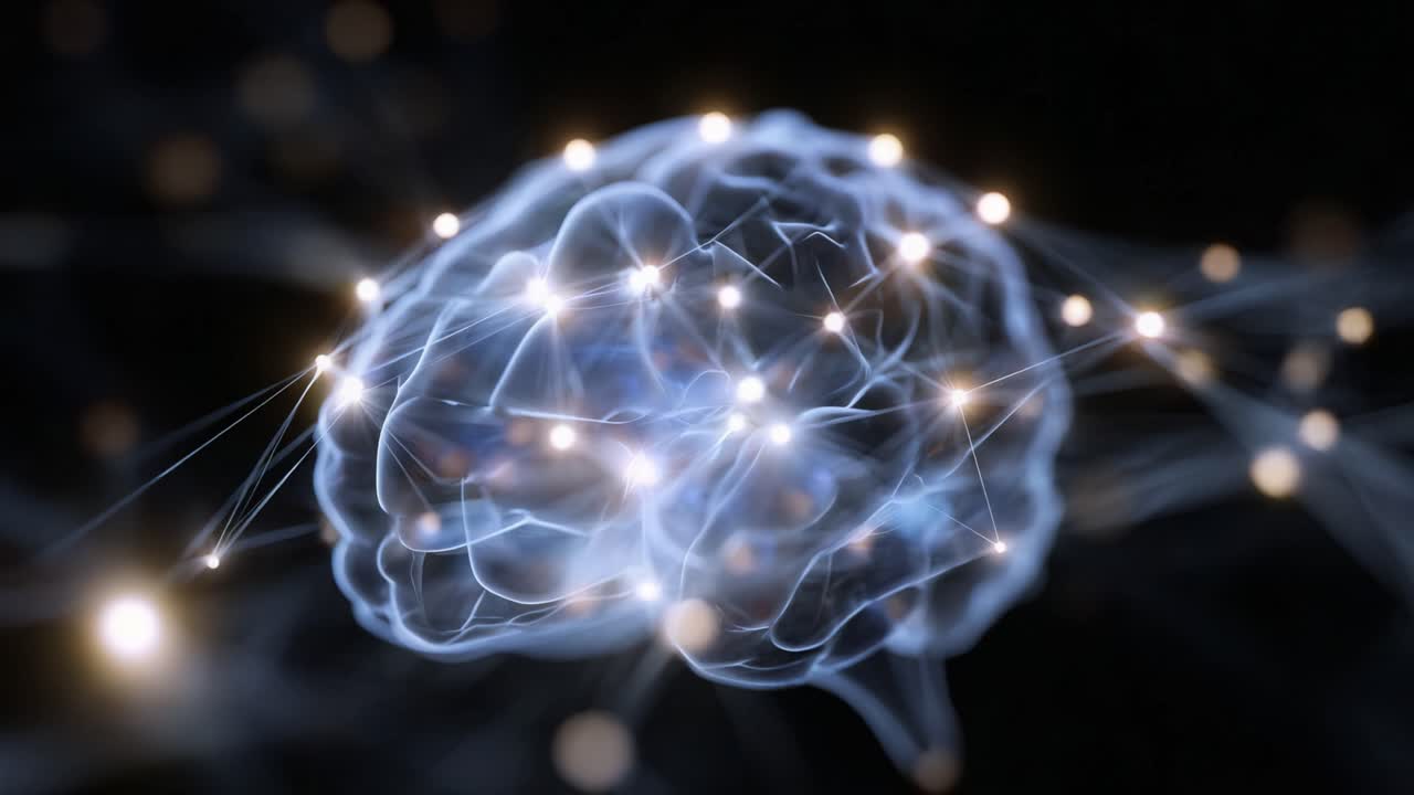 Artistic Representation of a Human Brain with Neural Networks, Connections and Light Points Creating a Stunning Visualization of Cognitive Processes and Intelligence