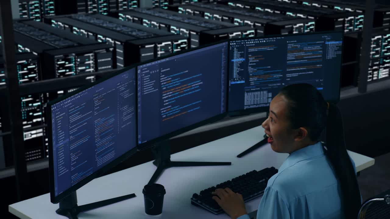 vista lateral de una desarrolladora asiática feliz celebrando mientras escribe código con múltiples pantallas de computadora en el centro de datos