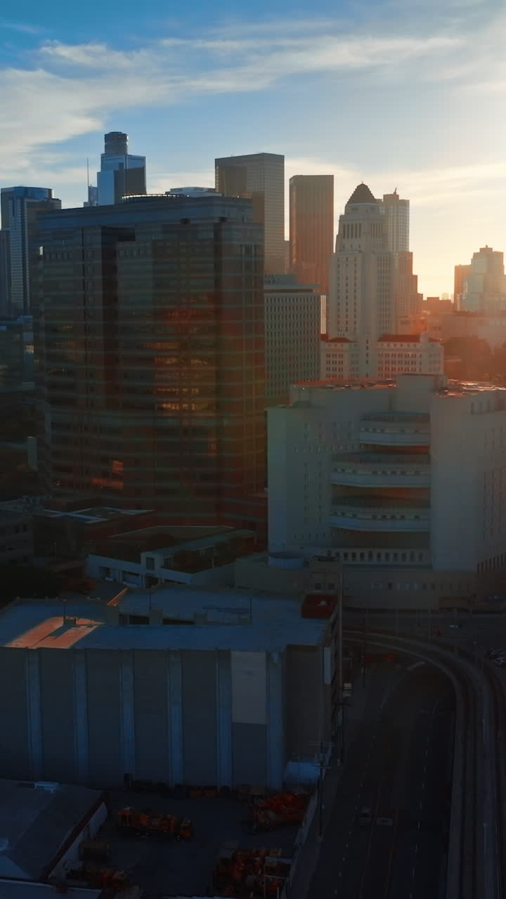 City of Los-Angeles skyline scenic aerial view. Outdoor american skyscrapers. Vertical video