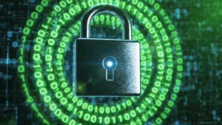Esplorando il concetto di sicurezza digitale attraverso elementi visivi: un lucchetto moderno circondato da codice binario che rappresenta la crittografia dei dati e la sicurezza informatica